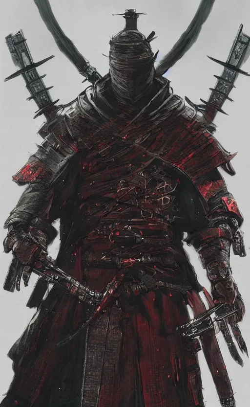 Prompt: a portrait of cyberpunk samurai with double sword, bloodborne concept art, detailed, gorgeous lighting