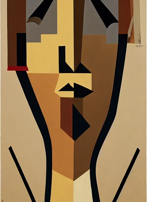 Prompt: a synthetic cubism extremely detailed masterpiece painting of a female with one triangular eye one trapezoid eye one side view of a nose a heat shaped elongated mouth at an angle a sharp jaw and no ear long hair on the same canvas plane, in the style of juan gris, muted brown yellow and blacks