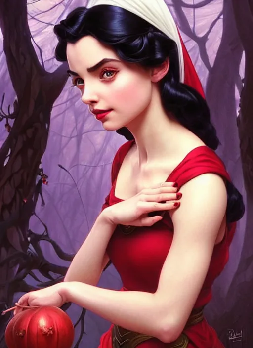 Image similar to disney snow white ( ( ana de armas ) ), girl, masterpiece, intricate, elegant, highly detailed, my rendition, digital painting, artstation, concept art, smooth, sharp focus, illustration, art by artgerm and greg rutkowski and alphonse mucha and uang guangjian and gil elvgren and sachin teng, symmetry!!