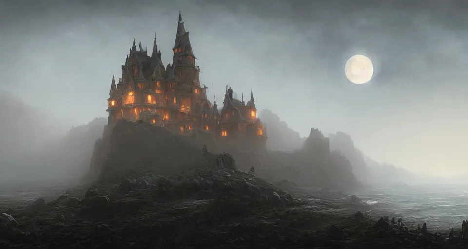 Prompt: an old castle rising up from the mist at night silhouetted by a huge moon, by Noah Bradley, Darek Zabrocki,, James Paick, Natasha Tan, highly detailed, ultra detailed, ultra realistic, trending on artstation, thomas kincade