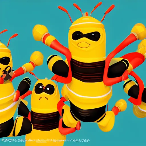 Image similar to a super cute team of bees wearing ninja gear, hyperrealistic, digital art, 4 k