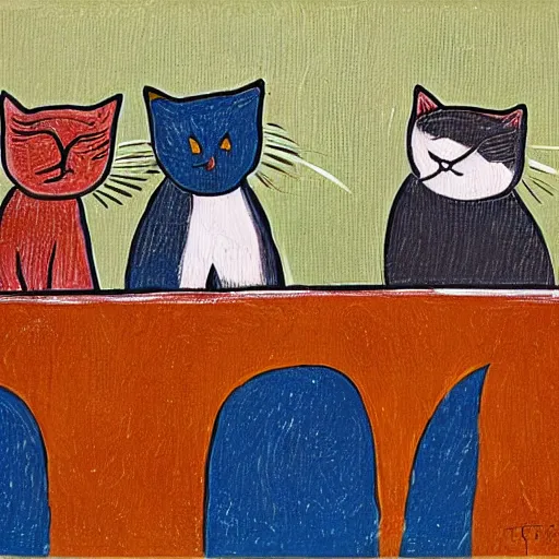 Prompt: three cats drinking in a bar, rotcho
