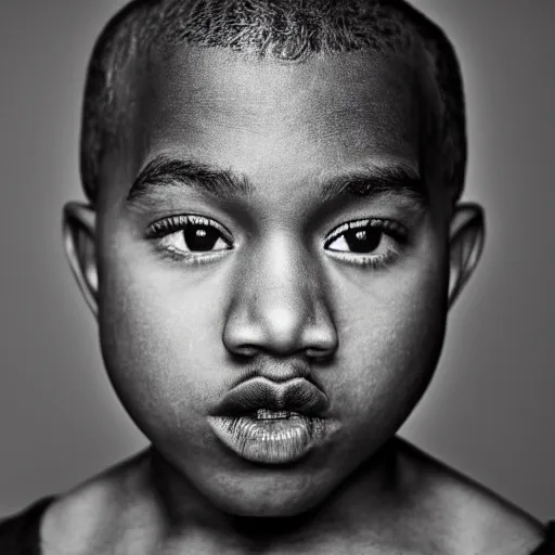 Prompt: the face of young kanye west wearing yeezy clothing at 7 years old, black and white portrait by julia cameron, chiaroscuro lighting, shallow depth of field, 8 0 mm, f 1. 8