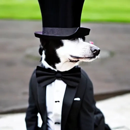 Prompt: an upper class dog wearing a tuxedo and a top hat. photograph