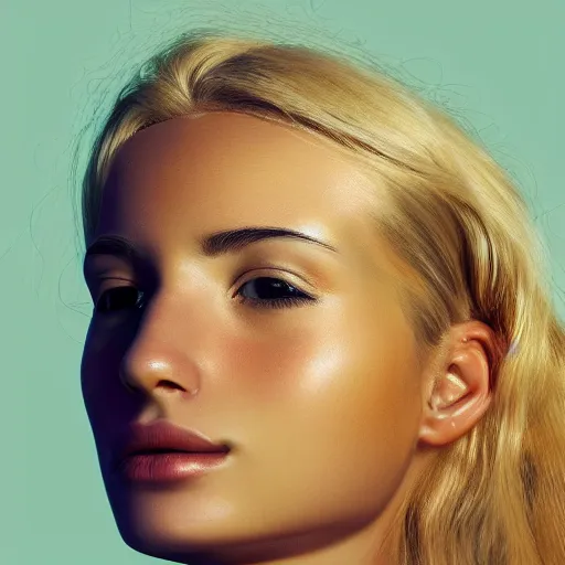 Image similar to Woman, beautiful closeup of a woman with blonde hair, soft clear skin, shiny skin, digital art, 8k quality, Leo Avero and Eva Balloon, award-winning art