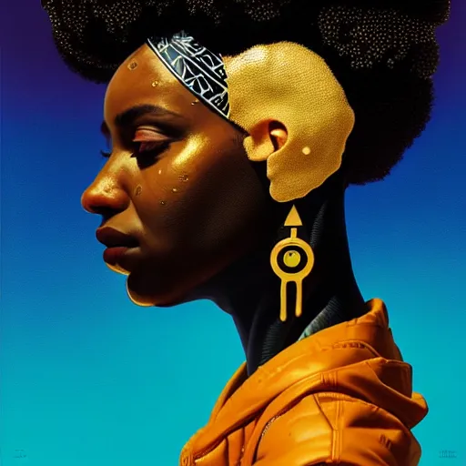 Prompt: portrait of a black woman :: side profile :: blood :: background sea :: intricate details in gold :: oxygen implant :: 8k :: simon stalenhag and Sandra Chevrier