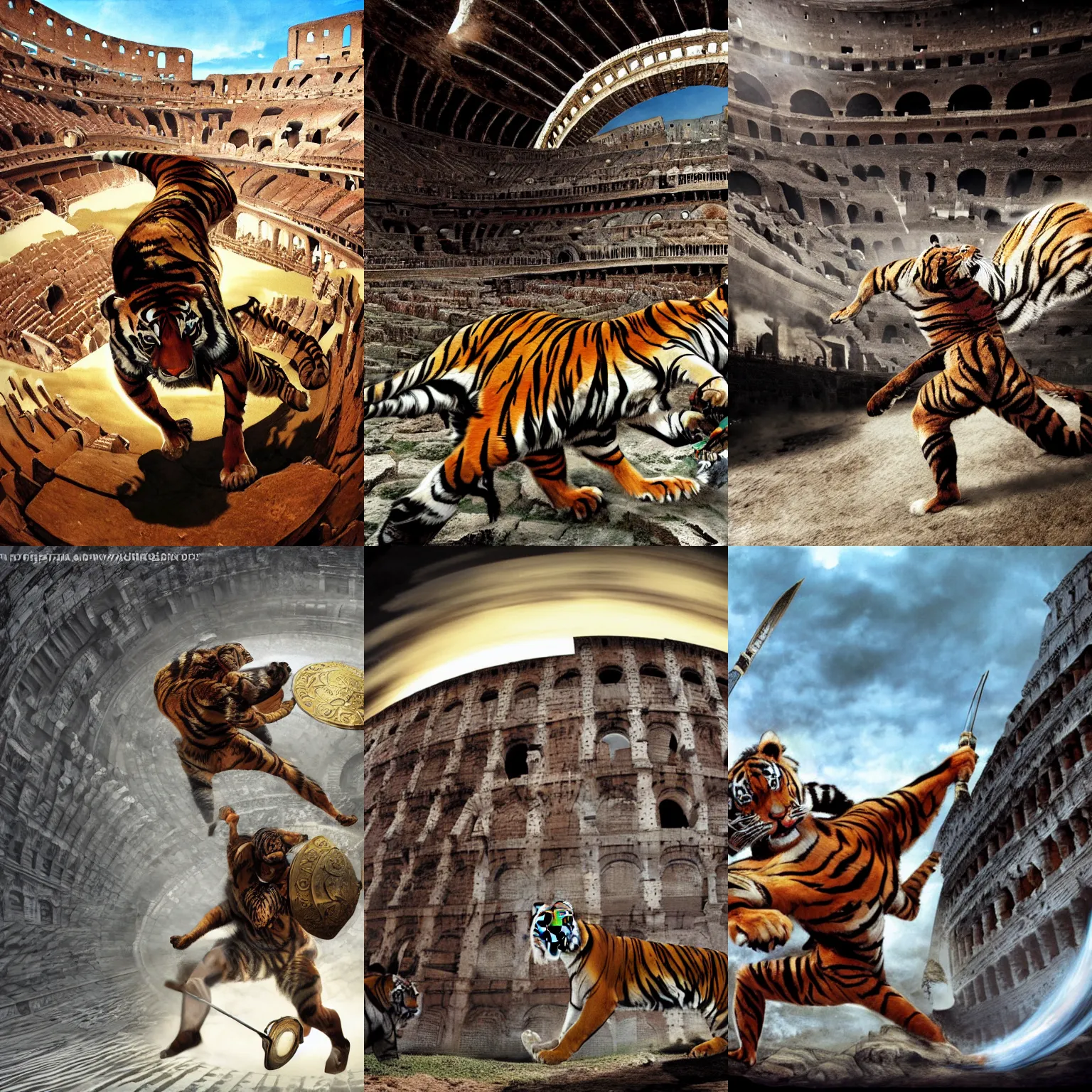 Prompt: incredible screenshot, huge Siberian tiger tiger tiger tiger tiger tiger tiger tiger tiger tiger tiger tiger tiger tiger attacking a roman gladiator holding a reflective silver circle shield defensive fighting in a sandy arena in the Colosseum, dynamic camera angle, deep 3 point perspective, fish eye, dynamic scene, by phil hale, ashley wood, craig mullins, Jean-Leon Gerome, 8k, hd, high resolution print