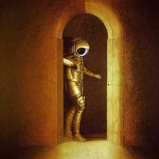 Prompt: 4 k, hyper - realism, distant shot, extra - details, psychedelic astronaut opening door that leads to the universe by davinci.