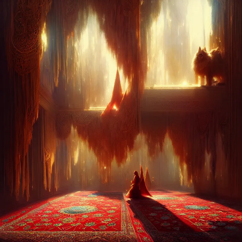 Prompt: magic fluffy Persian carpet & mirror dimension, by Greg Rutkowski and Gaston Bussiere, dim lighting, beautiful volumetric-lighting-style atmosphere, surreal atmosphere, intricate, detailed, photorealistic imagery, artstation