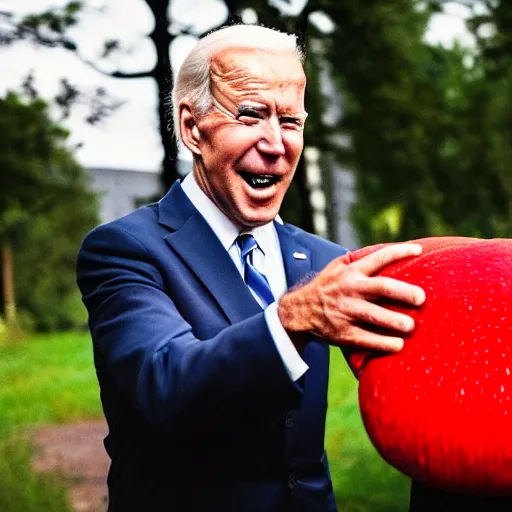 Image similar to portrait photo of Biden finding a giant red mushroom, exhilarated, portrait, closeup. mouth open, 30mm, bokeh