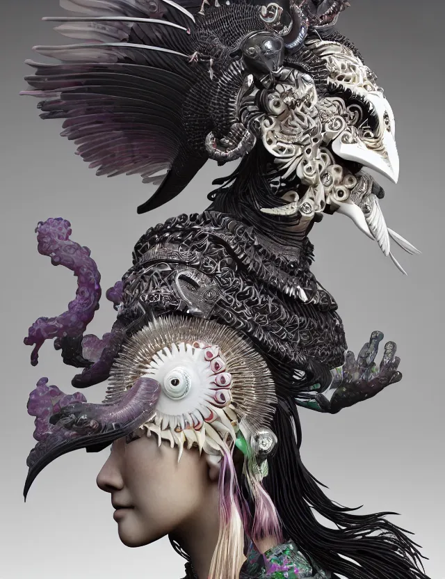 Image similar to 3 d goddess close - up profile portrait biomechanics with ram skull. beautiful intricately detailed japanese crow kitsune mask and clasical japanese kimono. betta fish, jellyfish phoenix, bio luminescent, plasma, ice, water, wind, creature, artwork by tooth wu and wlop and beeple and greg rutkowski