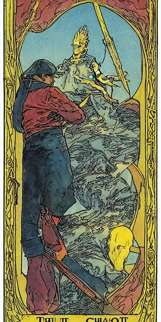 Image similar to the tarot card of the charriot painted by moebius.