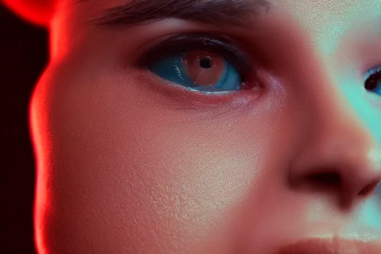 Image similar to VFX movie of a futuristic cyborg closeup portrait in high tech compound, beautiful natural skin neon lighting by Emmanuel Lubezki