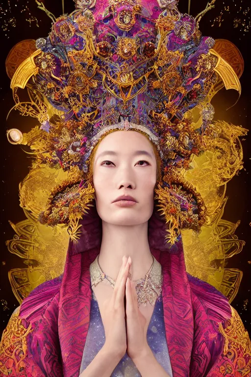 Image similar to a beautiful empress portrait, with a brilliant, impossible striking big cosmic headpiece, clothes entirely made out of cosmos, symmetrical, dramatic studio lighting, rococo, baroque, jewels, asian, hyperrealism, closeup, D&D, fantasy, intricate, elegant, highly detailed, digital painting, artstation, octane render, 8k, concept art, matte, sharp focus, illustration, art by Artgerm and Greg Rutkowski and Alphonse Mucha