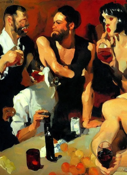 Image similar to glam rocker drinking brutal and raw wine with his friends by joaquin sorolla, phil hale, greek style