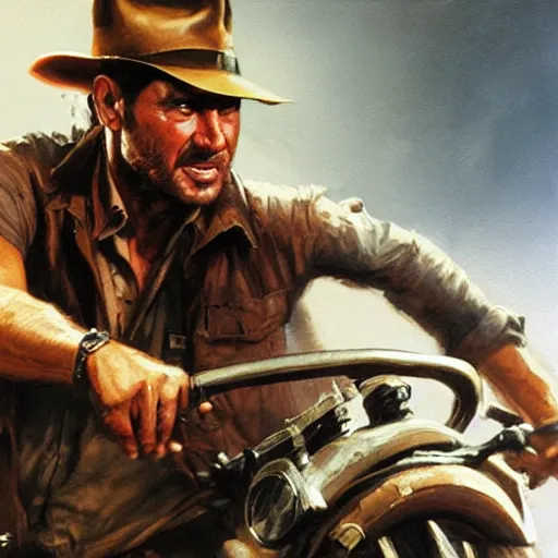 Prompt: close up indiana jones stealing a steering wheel, that is on a pedastal painted by greg rutkowski