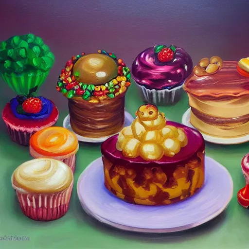 Prompt: concept art oil painting of fancy deserts, cakes, candies, and confections