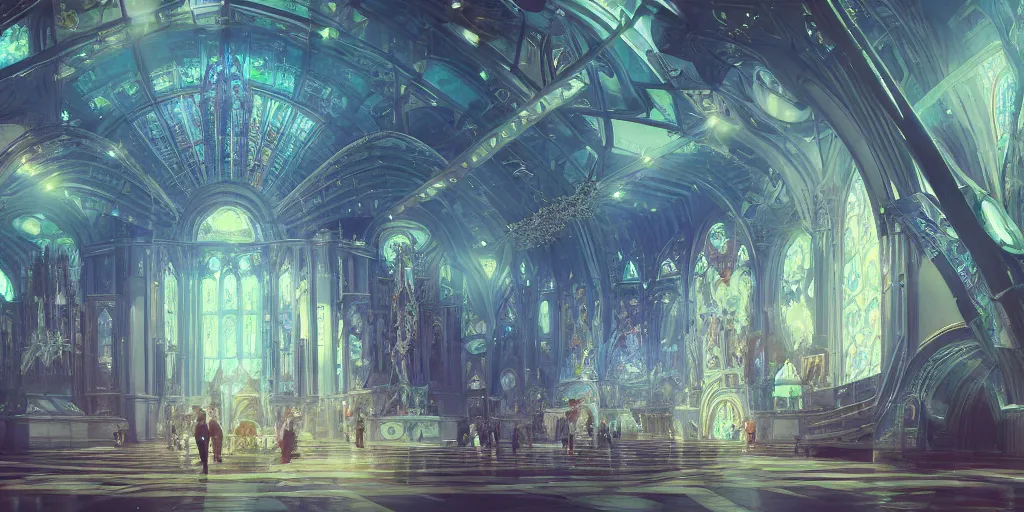 Image similar to a futuristic cathedral underwater, photorealistic, people, fishes, light rays from above the surface, realistic paint, specular light, high contrast, highly detailed, 4k, shallow depth of field, cinematic light, concept art, artstation, art by Enrich Victor, Alphonse Mucha