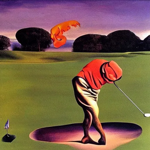 Prompt: surrealist painting of a walrus playing golf, salvador dali,