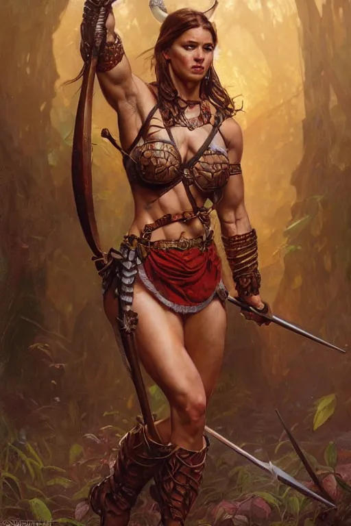 Prompt: full body portrait, thin muscular viking amazon warrior woman, 6 pack ab, symmetrical beautiful face, relaxed pose. by stanley artgerm lau, greg rutkowski, thomas kindkade, alphonse mucha, loish, norman rockwell ross tran