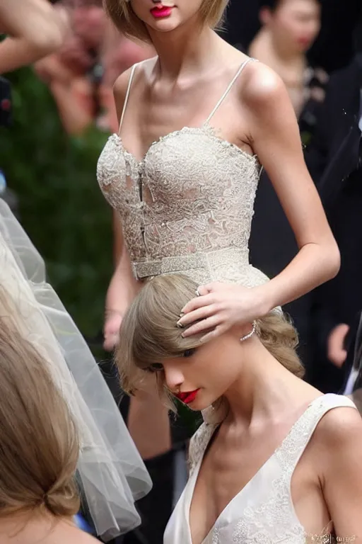 Prompt: waist - up - photo!!!!!!!!!!!! of taylor swift in a beautiful wedding dress, focus on face and facial details. ( ( ( ( ( ( head - shot ) ) ) ) ) )