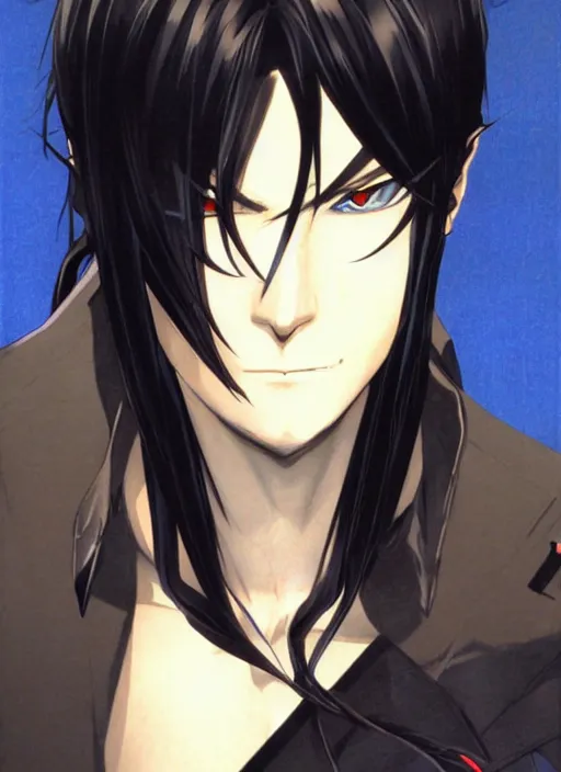 Prompt: portrait by shigenori soejima, handsome male vampire, focus on face, holding a sword, long black hair, dark blue shirt, light brown coat, red - eyes,