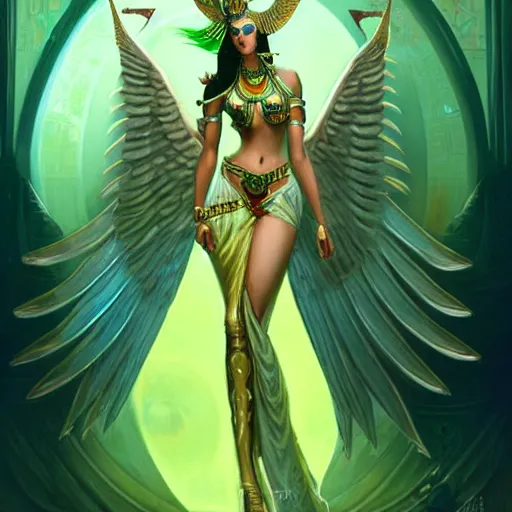 Image similar to beautiful full body sultry egyptian priestess wearing white dove wings, warframe armor, regal, attractive, ornate, sultry, pretty face, green eyes is represented by peter mohrbacher, art nouveau, landscape, cinematic