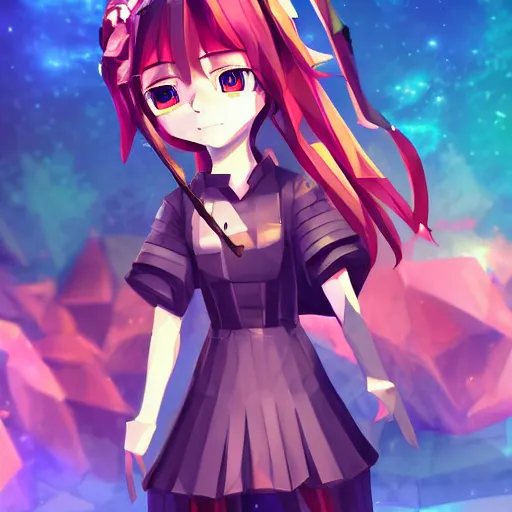 Image similar to anime style, low poly, high resolution textures, hide geometry, smooth shadows, isometric view, 1 6 bit colors, made in rpg maker, chibi girl, volumetric lighting, fantasy, hyper realistic, by riot games artist, from league of legends, arcane netflix, backlit