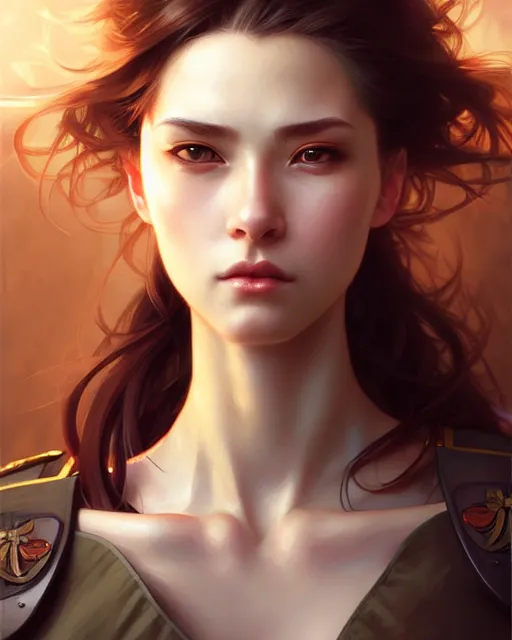 Image similar to beautiful female soldier, portrait, anime!!, fantasy, ultra detailed, elegant, intricate, dynamic lighting, hyperrealism, digital art, digital painting, artstation, wlop, sharp focus, illustration, art by artgerm and greg rutkowski and alphonse mucha, 8 k