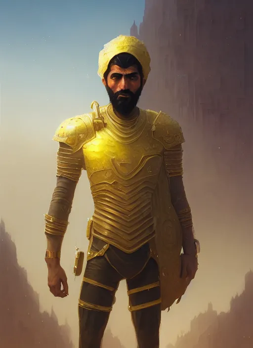 Image similar to highly detailed portrait arab man superhero, armor, yellow charcoal, stephen bliss, 8 k, unreal engine, fantasy art by greg rutkowski, loish, rhads, ferdinand knab, makoto shinkai and lois van baarle, ilya kuvshinov, rossdraws, tom bagshaw, global illumination, radiant light, detailed and intricate environment