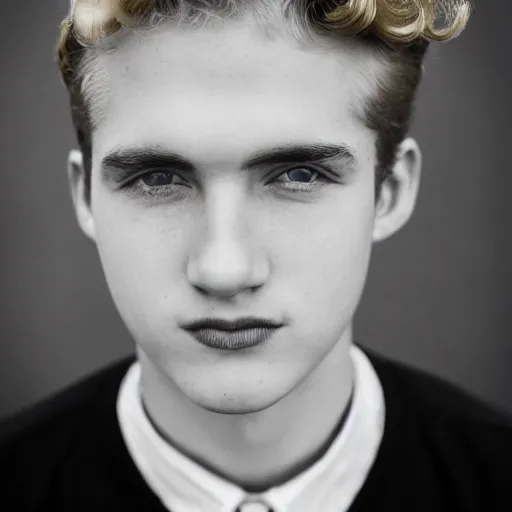 Image similar to close up of 1 8 year old man with wavy / curly light blonde hair, blue eyes, pale complexion, wearing 1 9 5 0 s clothing, 8 5 mm f / 1. 4