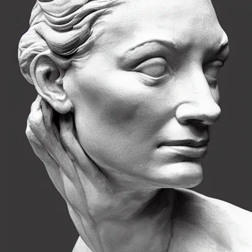 Image similar to sculpture of cate blanchett ,the thinker, by Augusts Rodin,hyper detailed, photorealism