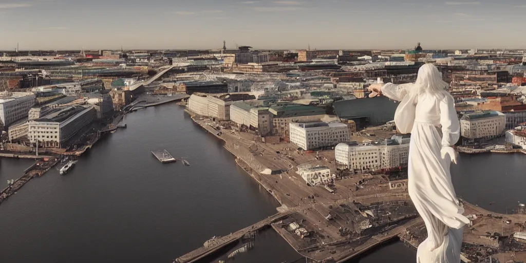 Prompt: beatiful angel floating top of helsinki finland, cinematic composition, shot on film, hyper realistic, 4k resolution