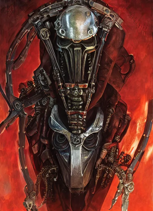 Image similar to portrait of rotten Nicolas Cage as adeptus mechanicus in red hood and robe from Warhammer 40000, mechanical tentacles. Highly detailed, artstation, illustration by and John Blanche and zdislav beksinski and wayne barlowe