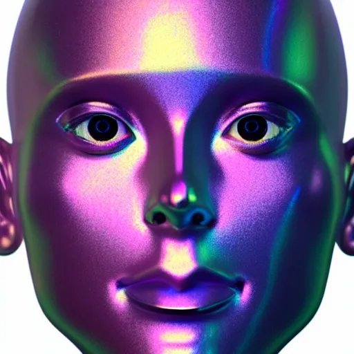 Image similar to 3d render of holographic human robotic head made of glossy iridescent, surrealistic 3d illustration of a human face non-binary, non binary model, 3d model human, cryengine, made of holographic texture, holographic material, holographic rainbow, concept of cyborg and artificial intelligence