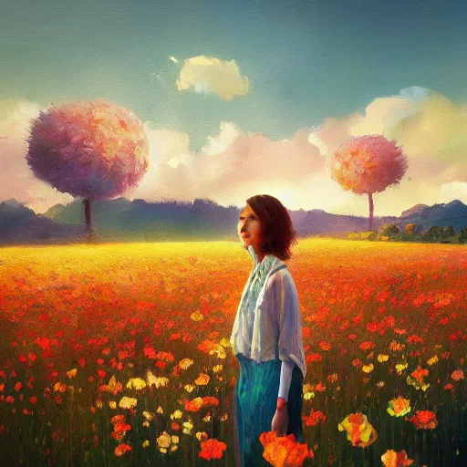 Image similar to girl with a flower face, surreal, bizzare, dreamlike, standing in flower field, in a valley, sunrise dramatic light, impressionist painting, colorful clouds, artstation, simon stalenhag