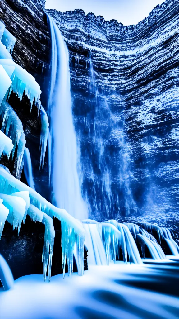 Image similar to highly detailed hd photo art of waterfall from ice mountains in the style of Greg Rutswoski, wide angle shot, concept art, 8K detail post-processing