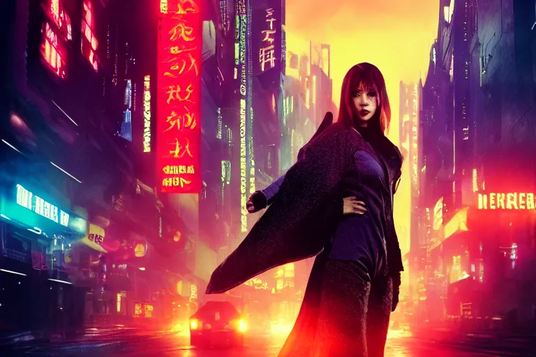 Image similar to 4 k remaster extremely detailed cinematic movie still from blade runner 2 0 4 9 of a japanese cyborg warrior princess in the street, megabuildings, face by artgerm, cyber noir, bokeh, denis villeneuve, rich colors, night, road