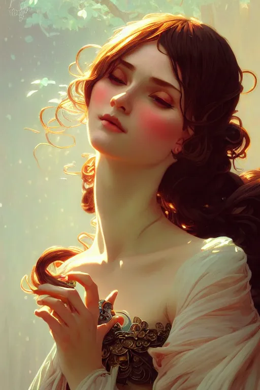 Image similar to a beautiful maiden, fantasy, portrait, sharp focus, intricate, elegant, digital painting, artstation, matte, highly detailed, concept art, illustration, ambient lighting, art by ilya kuvshinov, artgerm, Alphonse mucha, and Greg Rutkowski