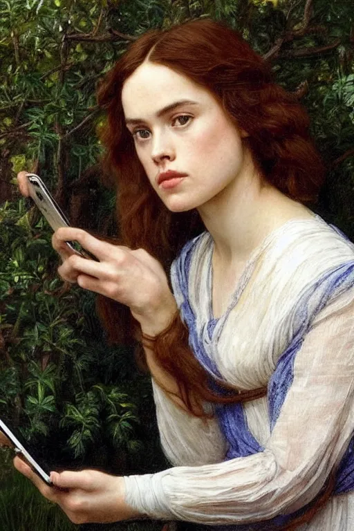 Prompt: a pre raphaelite painting of daisy ridley looking disinterestedly at her phone by dante gabriel rossett