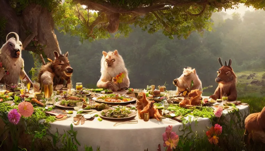 Image similar to a table dinner of animals where animals are dressed like the characters from the midsommar movie wearing flowers, realistic detailed digital art by maxwell boas jessica rossier christian dimitrov anton fadeev trending on artstation cgsociety rendered in unreal engine 4 k hq