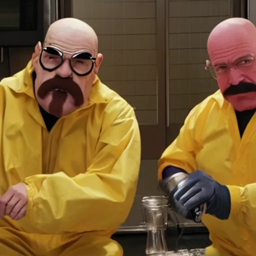 Prompt: wario in yellow overalls and walter white making meth together, still from a tv series