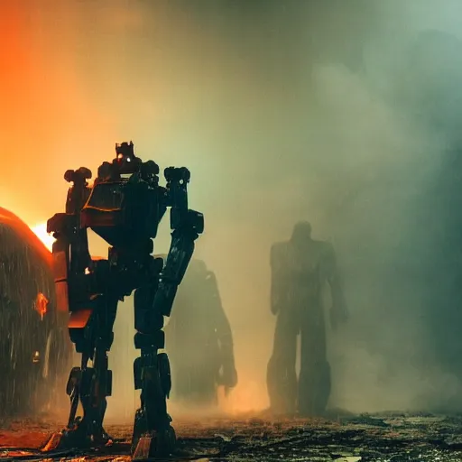 Image similar to mecha made from car parts, dark messy smoke - filled cluttered workshop, dark, dramatic lighting, orange tint, cinematic, highly detailed, sci - fi, futuristic, movie still from blade runner