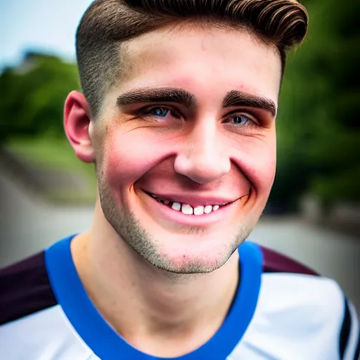 Image similar to a photographic portrait of a young Caucasian man smiling with short brown hair that sticks up in the front, blue eyes, groomed eyebrows, tapered hairline, sharp jawline, wearing a volleyball jersey, sigma 85mm f/1.4, 15mm, 35mm, 4k, high resolution, 4k, 8k, hd, highly detailed, full color, Kodak Kodachrome Film