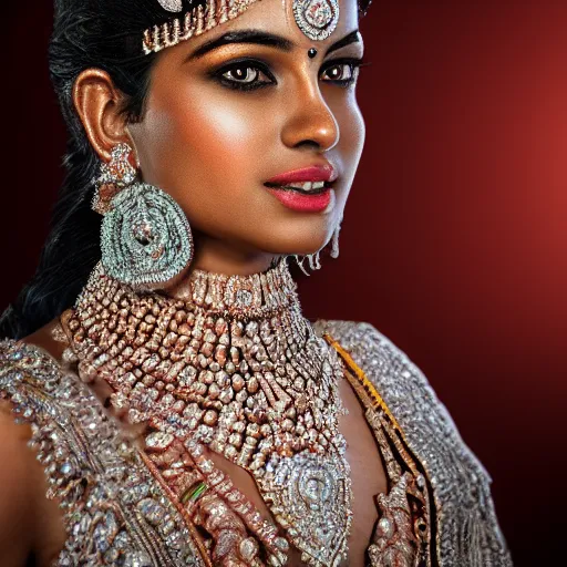 Image similar to portrait of wonderful hindi princess of diamond with dark skin, ornate with diamonds, 8 k, gorgeous, intricate, detailed, glowing white accent lighting, dramatic lighting, octane render