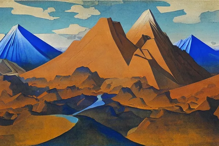 Prompt: A desertic mountain battlefield by Nicholas Roerich, by Georgia o Keeffe, by Gustave Moreau