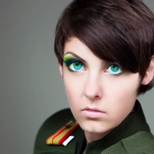 Image similar to brunette woman, bright green eyes, short hair, flipped out hair, military uniform, serious