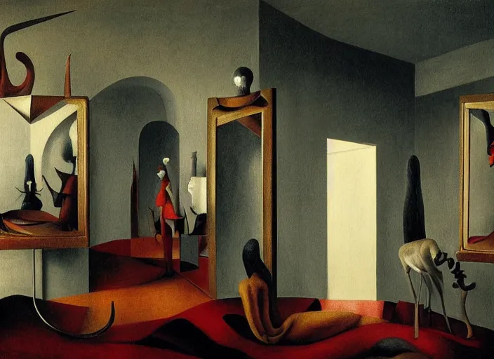 Image similar to group of creatures with distinct personalities, in an urban hotel room, several mirrors : : surreal architecture, chiaroscuro lighting, mysterious atmosphere : : oil painting by leonora carrington, hieronymus bosch and edward hopper, ultra - detailed technical precision : : matte painting, high definition, octane render, unreal engine, 8 k