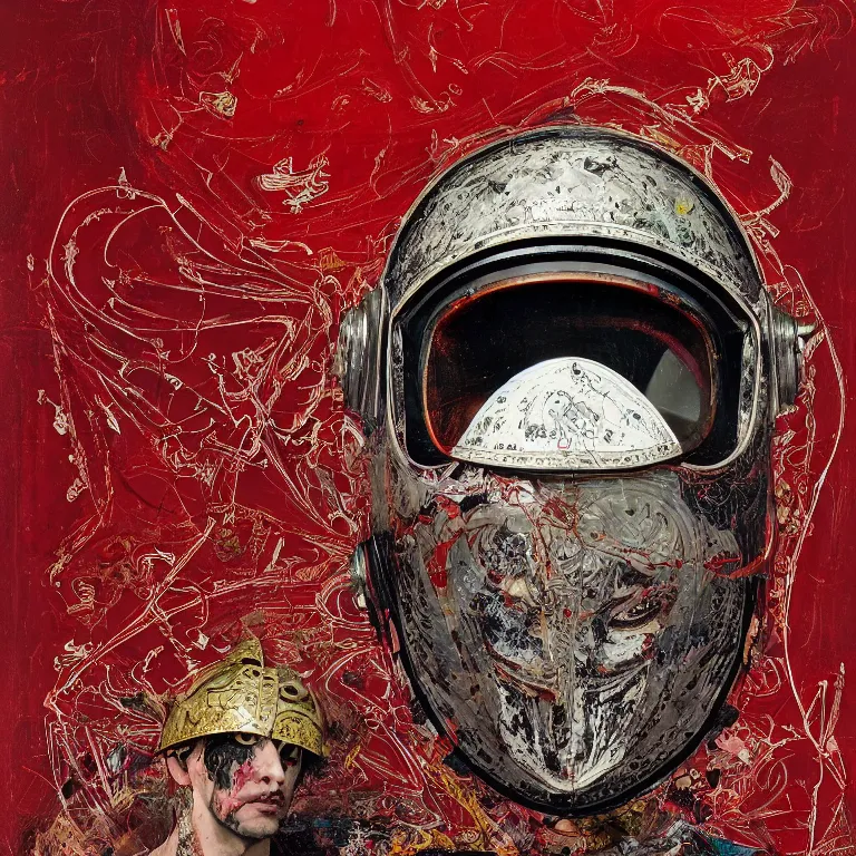 Prompt: portrait of a knight in a ornate motorcycle dirt helmet circuitboard, background red plastic bag, rich deep colors, by francis bacon, james ginn, petra courtright, jenny saville, gerhard richter, zdzisaw beksinsk, takato yamamoto. masterpiece, i elegant fashion studio ighting 3 5