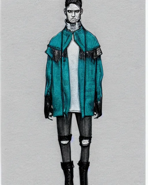 Prompt: pencil sketch of a male model wearing a baggy teal distressed medieval menswear moto jacket by issey miyake, 4 k, studio lighting, wide angle lens
